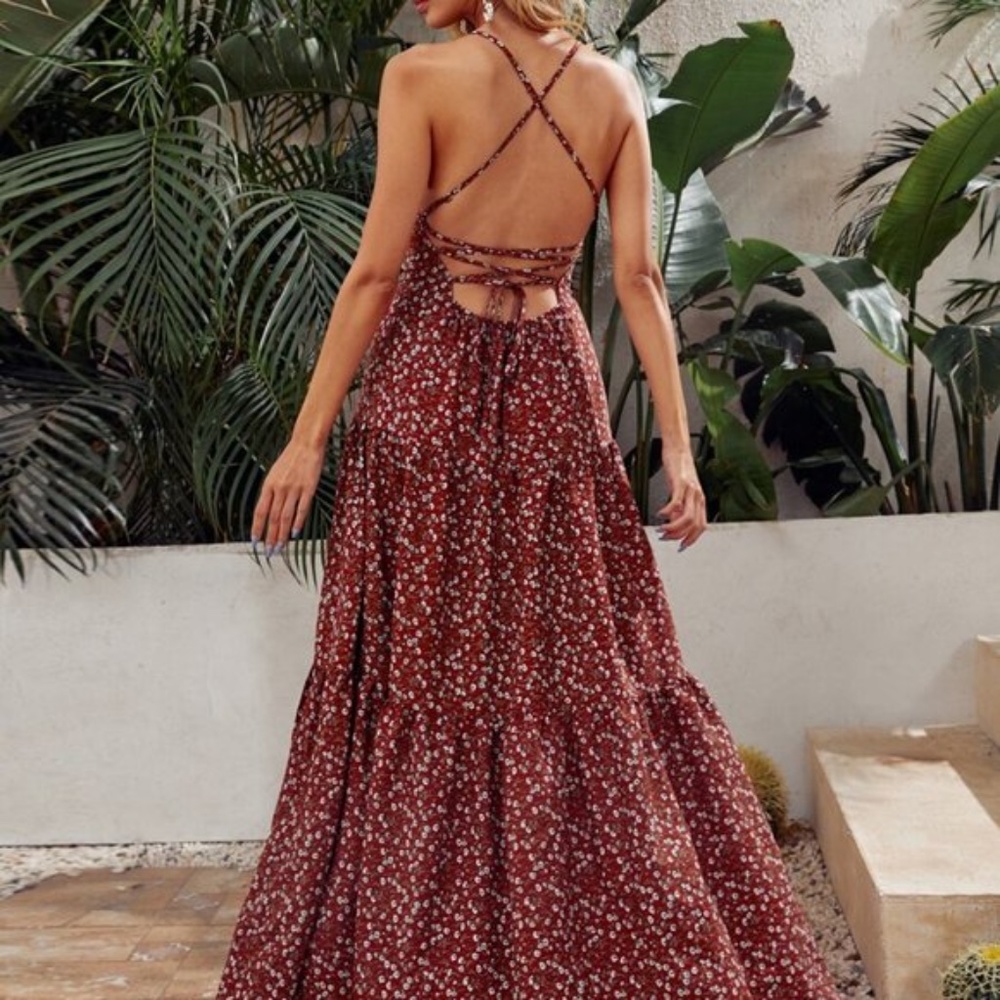 Boho Floral Lace up Criss Cross Back Maxi Dress - Picture 2 of 7
